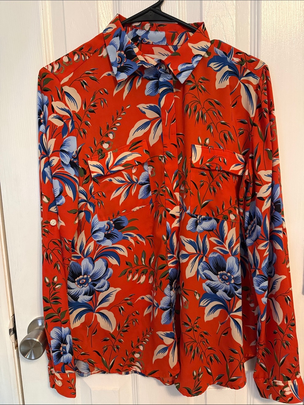 LOFT Red Floral Button-Down Shirt with Blue and White Blooms